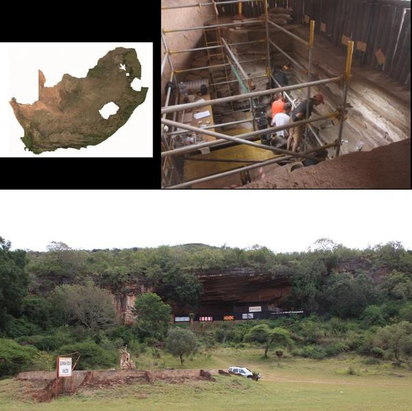 Situation géographique du site de Bushman Rock Shelter (Limpopo, Afrique du Sud). En haut à gauche : carte de l’Afrique du Sud. En haut à droite : secteur fouillée sur le site archéologique. En bas : vue de l’abri sous roche et son paysage environnant. (© Cirad)