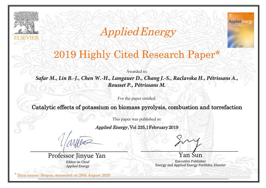 Certificat du journal Applied energy.